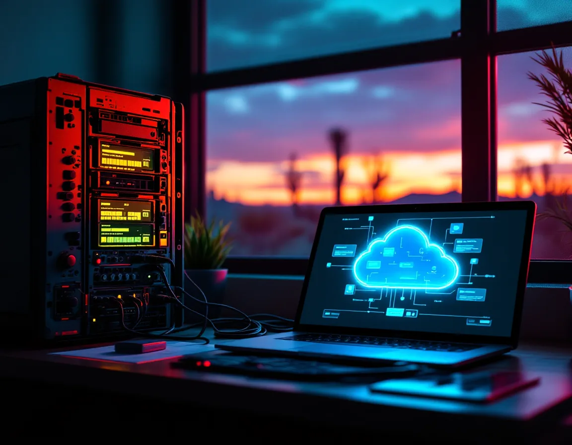 An old office server beside a laptop showing a cloud migration plan